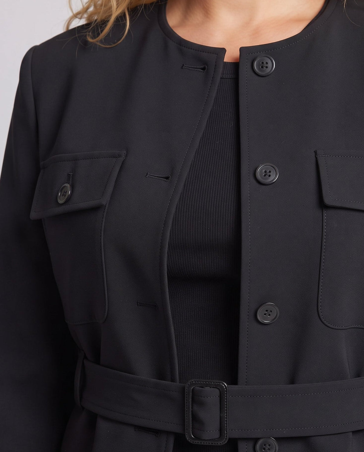 Ladies Cropped Tailored Jacket with Round Neckline, Flap Pockets and Belt Detail