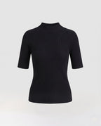 Women short sleeve fine knit shirt with stand-up collar and fine ribbed texture Fashion Glam