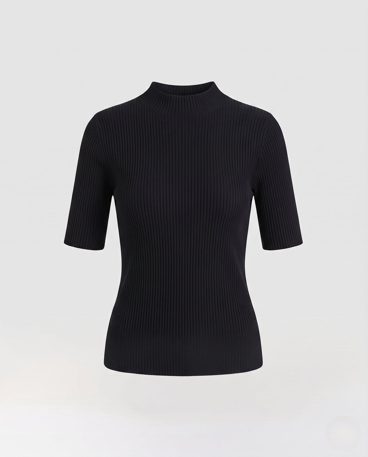 Women short sleeve fine knit shirt with stand-up collar and fine ribbed texture Fashion Glam