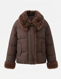 Women's short quilted jacket with voluminous faux fur collar, teddy trim on sleeves and concealed button placket