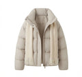 Women's compact quilted jacket with overlapping shawl collar and voluminous sleeves