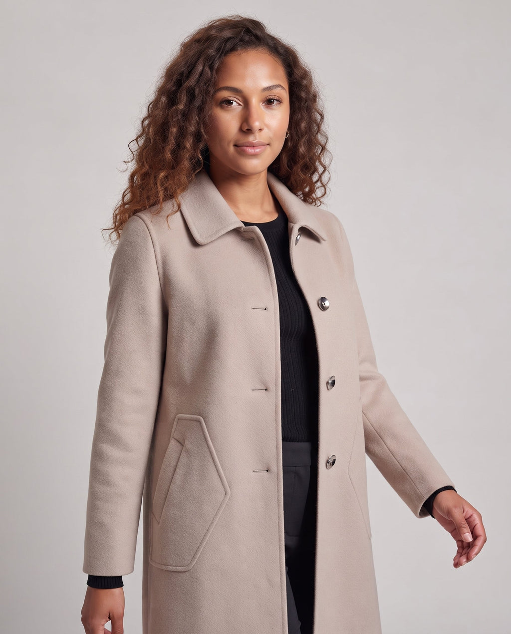 Ladies elegant mid-length wool blend coat with round neck collar and visible button placket Fashion Glam