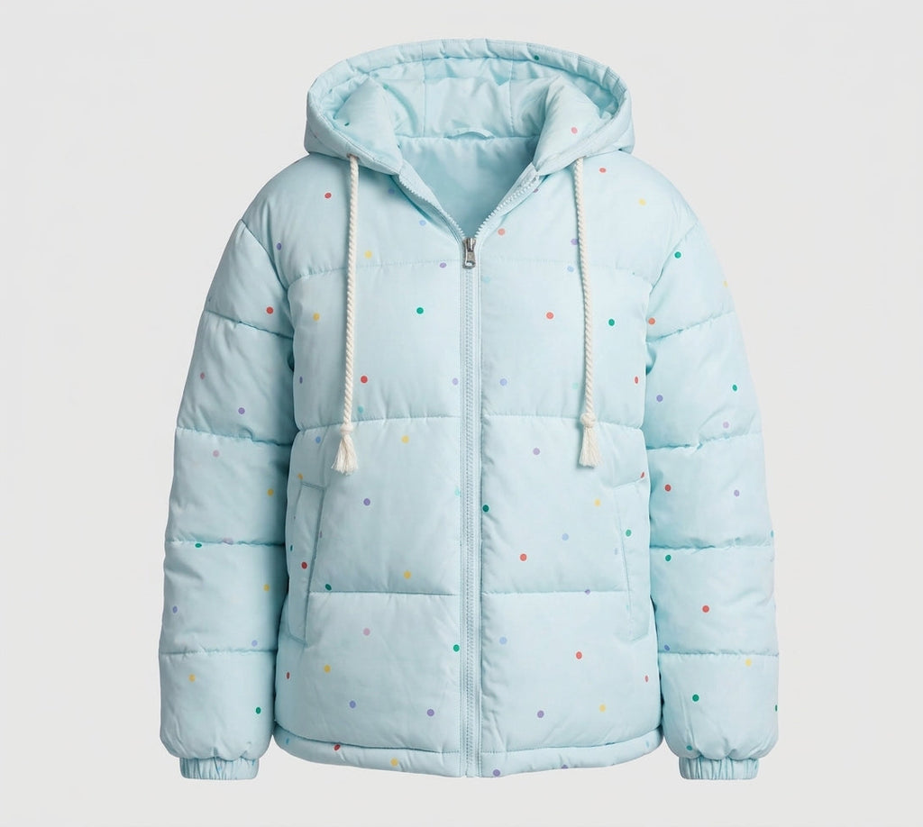 Women's non-quilted oversized puffer jacket with colorful dot appliqués and hood