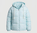 Women's non-quilted oversized puffer jacket with colorful dot appliqués and hood