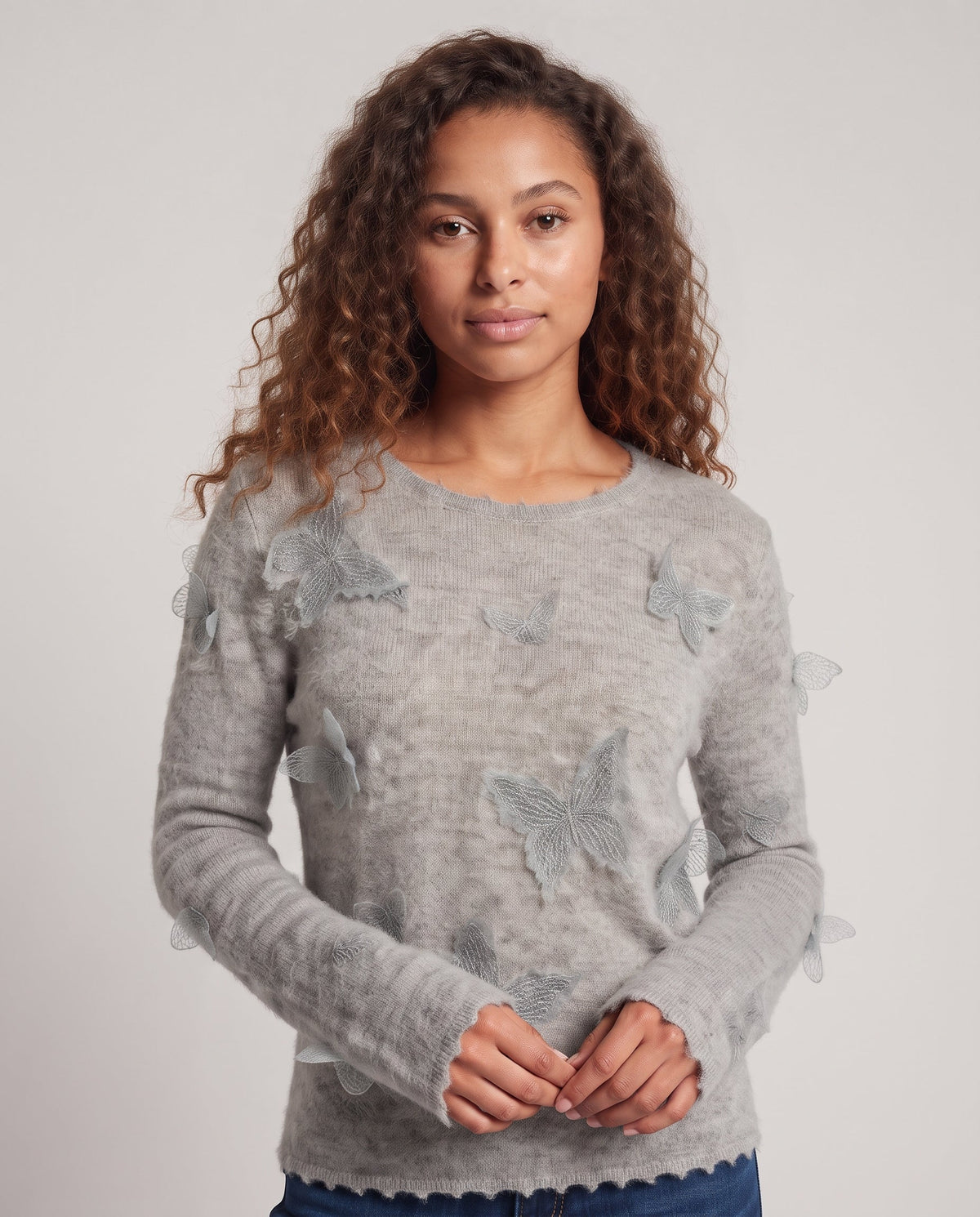 Women Light Mohair Blend Sweater with 3D Flower Appliqués Fashion Glam