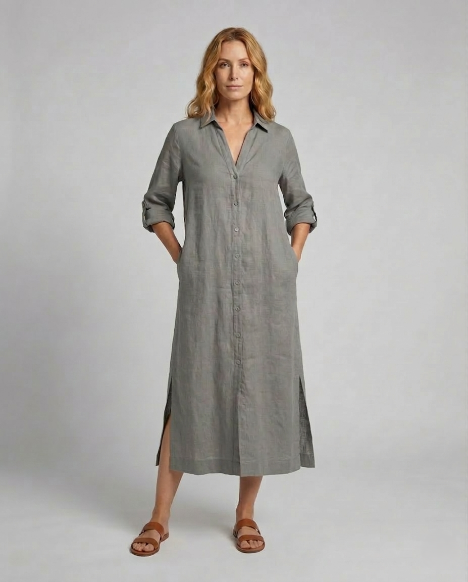 Linen Maxi Dress Women with Button Placket