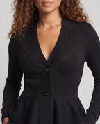 Women's Fine Shawl Collar Cardigan with Tailored Peplum Silhouette and Subtle Shine Fashion Glam