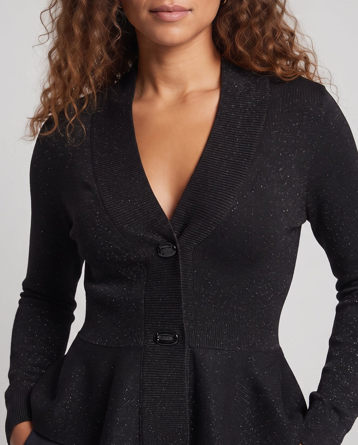 Women's Fine Shawl Collar Cardigan with Tailored Peplum Silhouette and Subtle Shine Fashion Glam