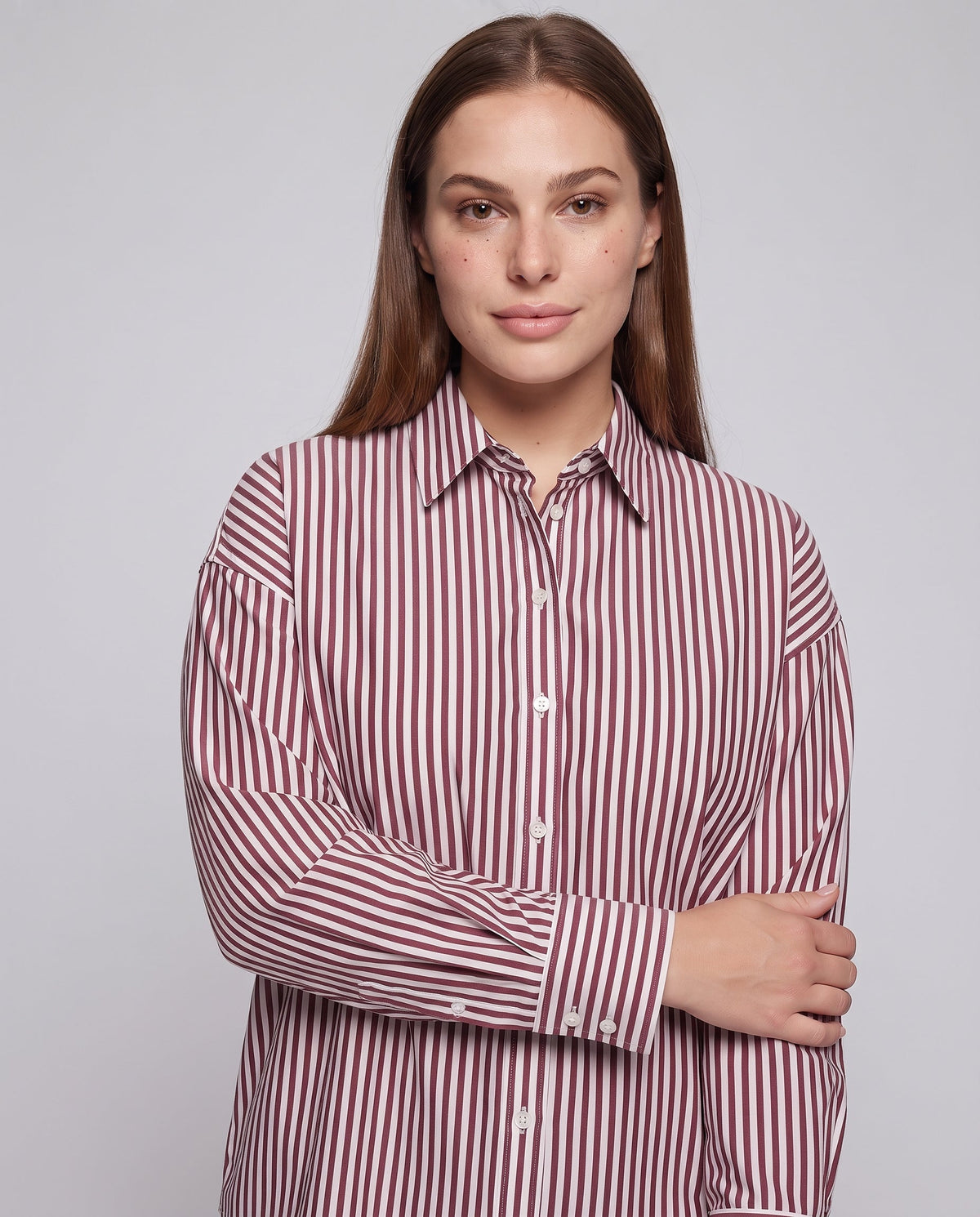 Women's Oversize Shirt Blouse with Vertical Stripe Pattern and Wide Cuffs Fashion Glam