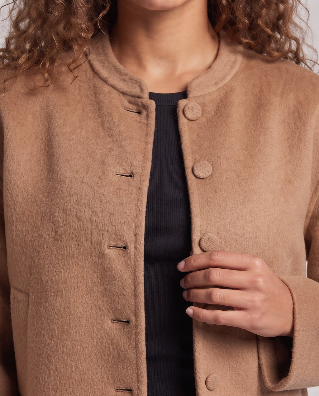 Women's short jacket made of wool blend with mandarin collar and decorative fabric knot closures Fashion Glam