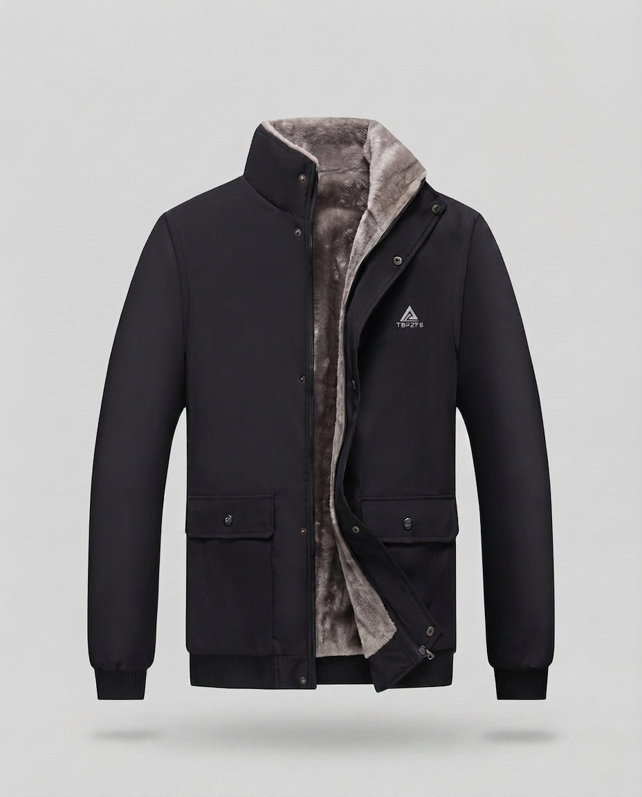 Men's Insulated Winter Jacket with Teddy Lining, Stand Collar and Flap Pockets