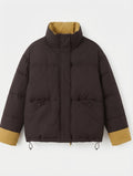 Women's short padded boxy jacket with stand-up collar and concealed button placket