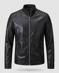 Men's Fitted Leather Look Motorcycle Jacket with Vertical Zipper and Padded Shoulder Panels Fashion Glam