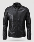 Men's Fitted Leather Look Motorcycle Jacket with Vertical Zipper and Padded Shoulder Panels Fashion Glam