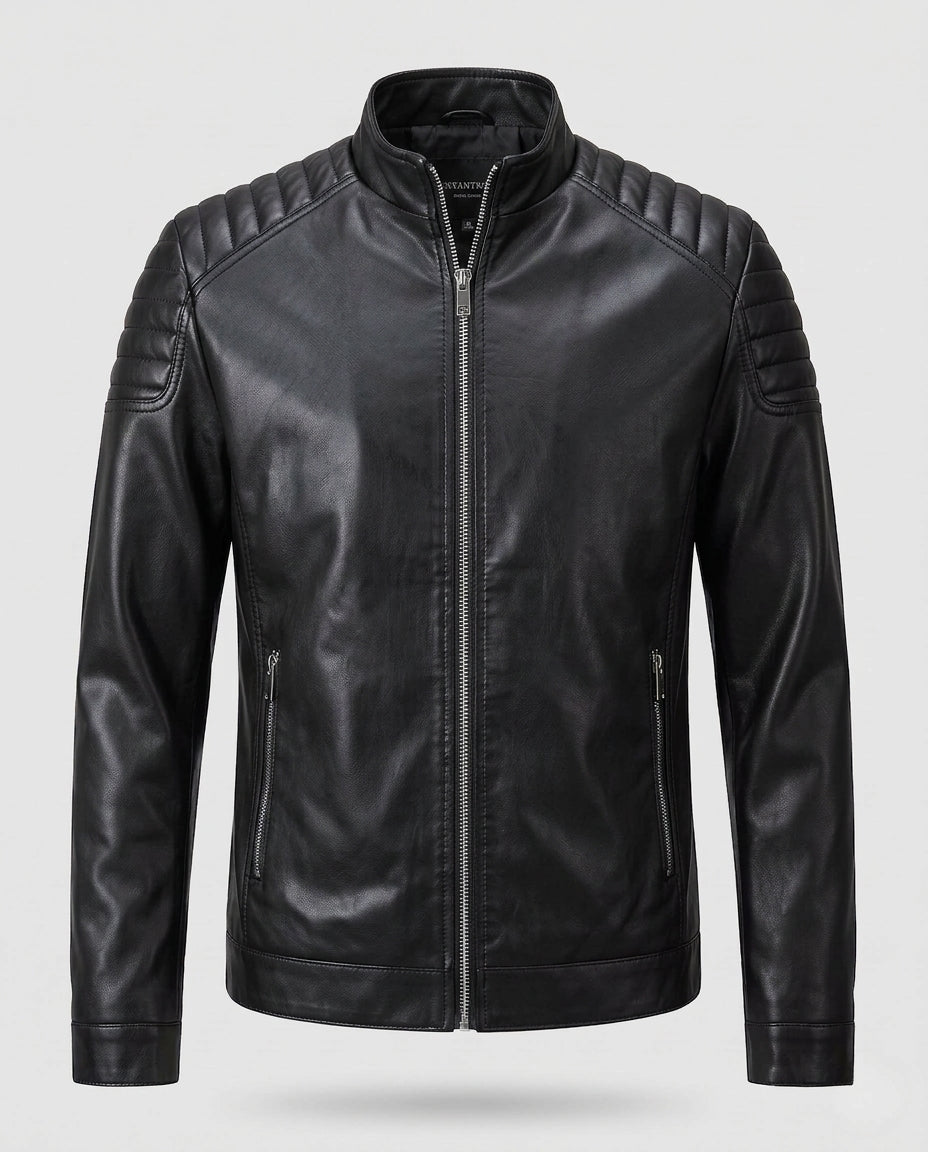 Men's Fitted Leather Look Motorcycle Jacket with Vertical Zipper and Padded Shoulder Panels Fashion Glam
