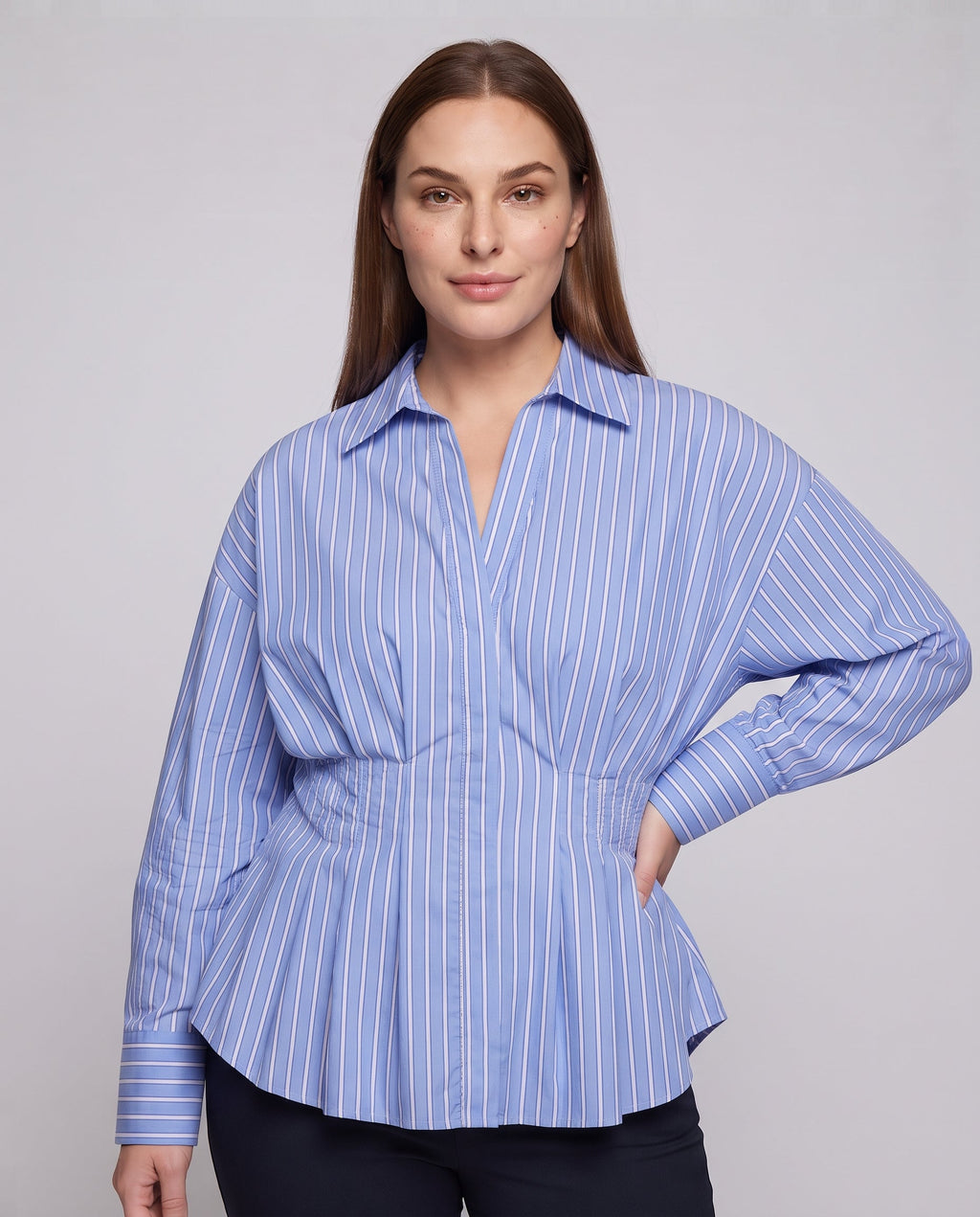 Women's Oversized Shirt Blouse with Drawstring Waist and Fine Block Stripes Fashion Glam