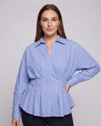 Women's Oversized Shirt Blouse with Drawstring Waist and Fine Block Stripes Fashion Glam