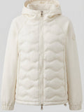 Women's quilted hybrid hoodie jacket with fleece sleeves, elastic cuffs, and wave quilting