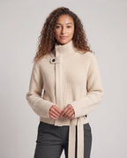 Ladies Short Cut Tailored Ribbed Knit Cardigan with Stand-Up Collar and Belt Fashion Glam