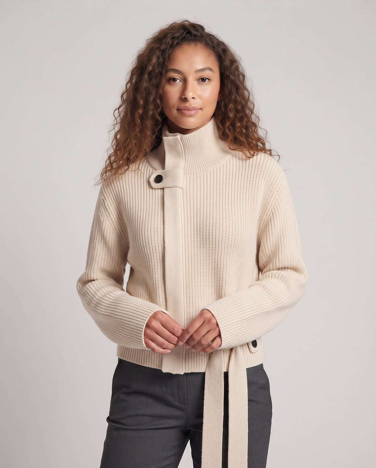 Ladies Short Cut Tailored Ribbed Knit Cardigan with Stand-Up Collar and Belt Fashion Glam