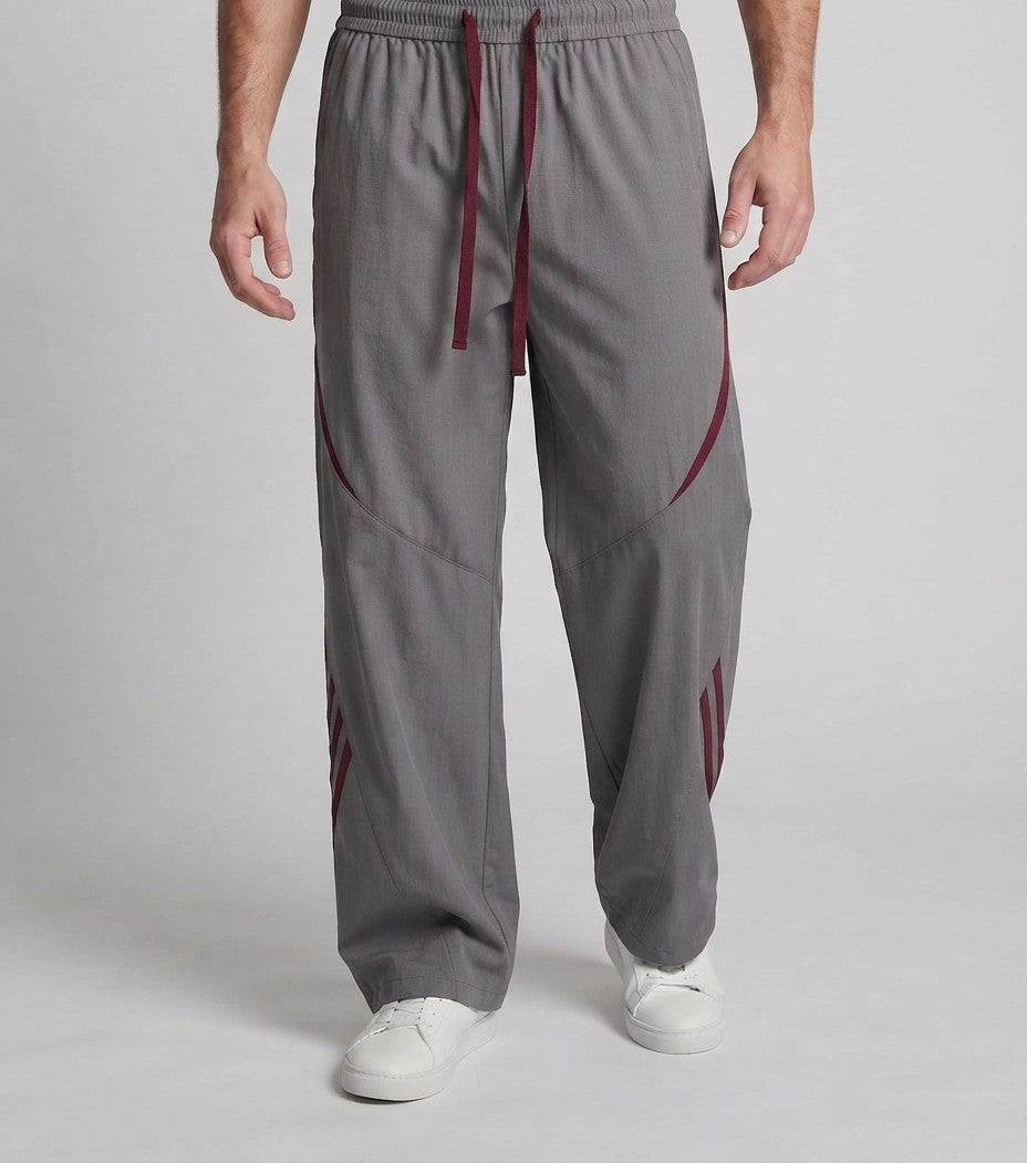 Men's Extra Wide Nylon Track Pants in Baggy Cut with Drawstring, Decorative Panels & Side Contrast Stripes Fashion Glam