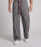 Men's Extra Wide Nylon Track Pants in Baggy Cut with Drawstring, Decorative Panels & Side Contrast Stripes Fashion Glam