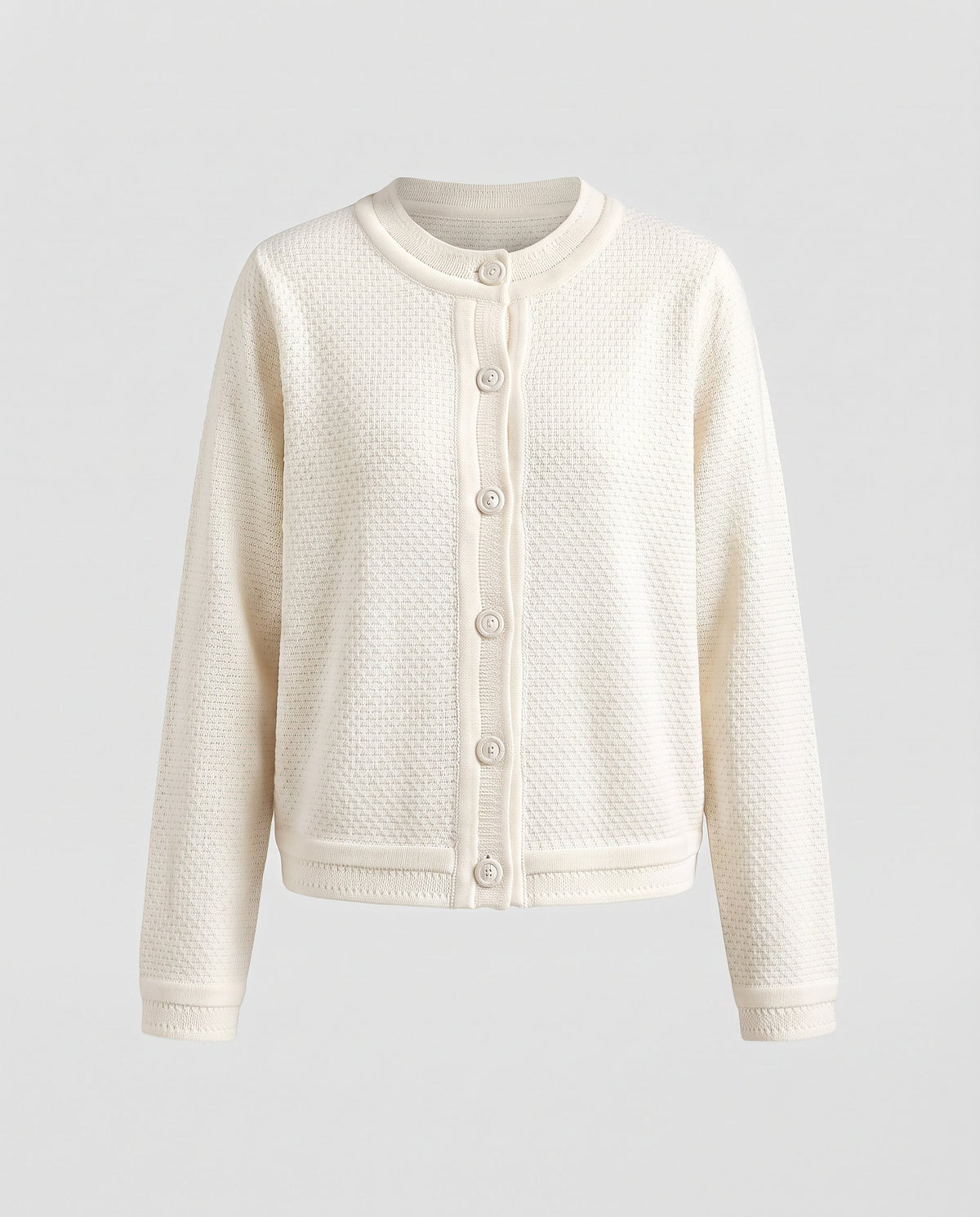 Women Structured Boucle Cardigan with Button Placket and Round Neckline Fashion Glam