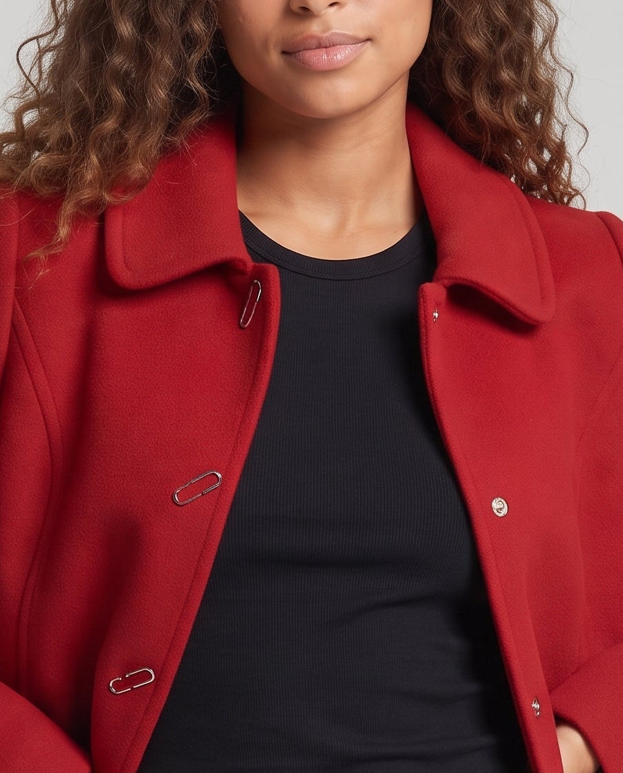 Women's Short Wool Blend Coat with Round Collar and Concealed Button Placket Fashion Glam