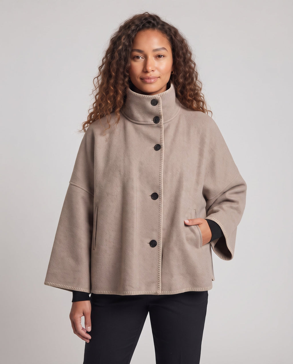 Women's Oversized Wool Blend Cape Coat with High Stand-Up Collar, Button Placket and Contrast Stitching