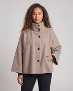 Women's Oversized Wool Blend Cape Coat with High Stand-Up Collar, Button Placket and Contrast Stitching