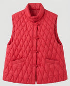 Women's quilted sleeveless jacket with mandarin collar and decorative knot closures