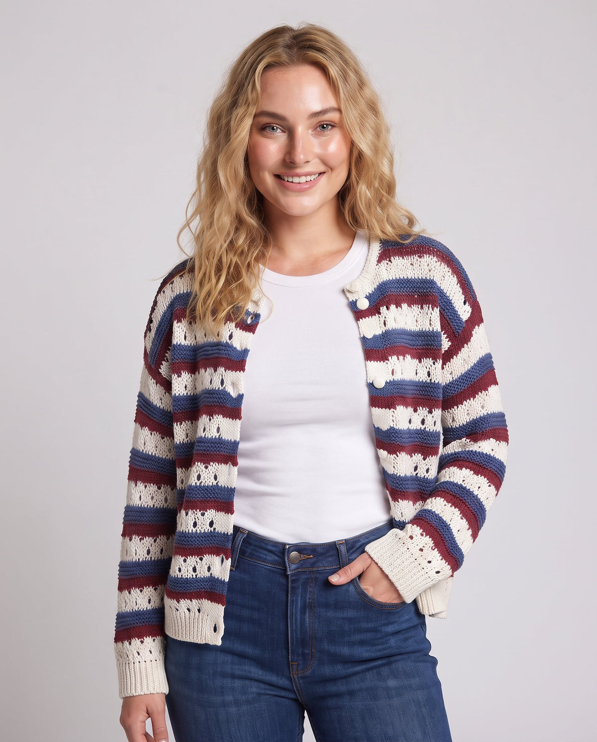 Women Striped Open Knit Cardigan with Button Closure and Ribbed Cuffs Fashion Glam