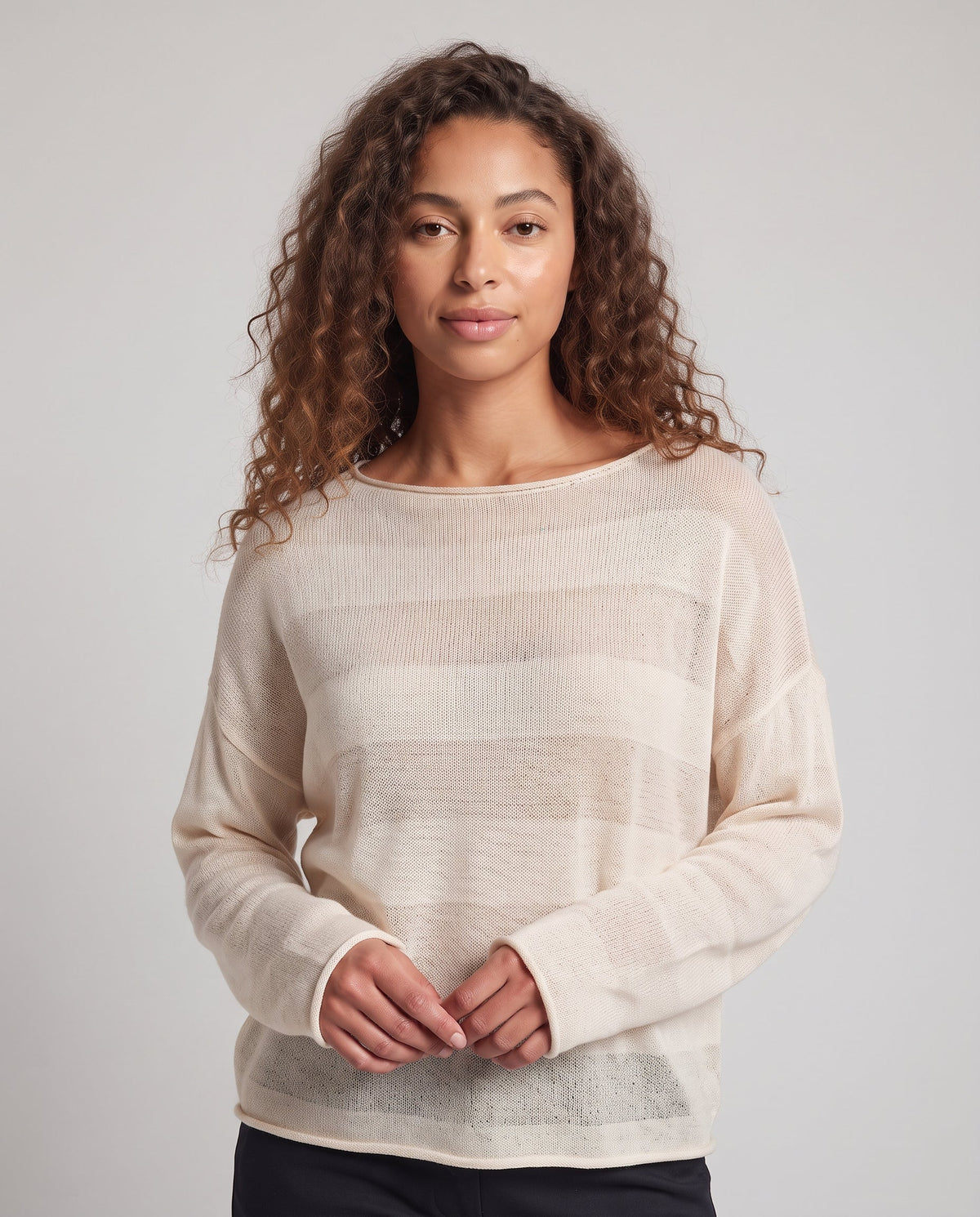 Women Lightweight Oversize Ajour Sweater with Boat Neck and Transparent Striped Pattern Fashion Glam