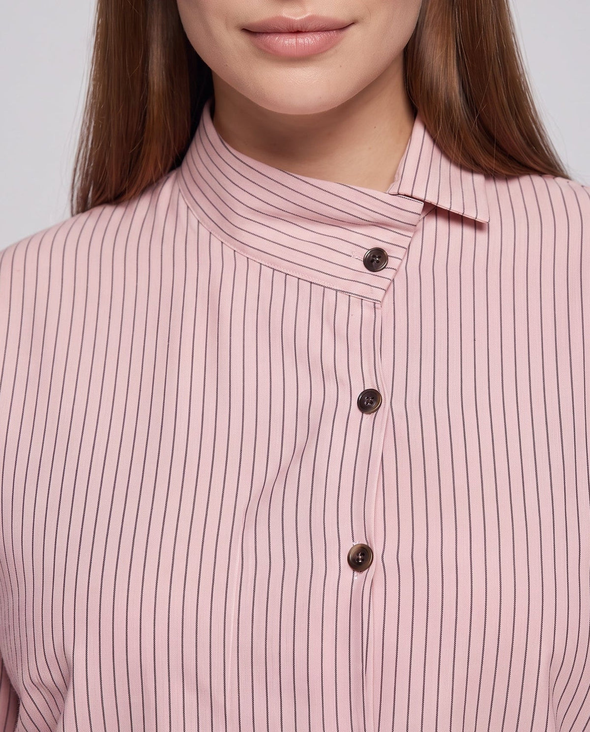 Women Oversized Shirt Blouse with Stand-Up Collar and Fine Pinstripes Fashion Glam