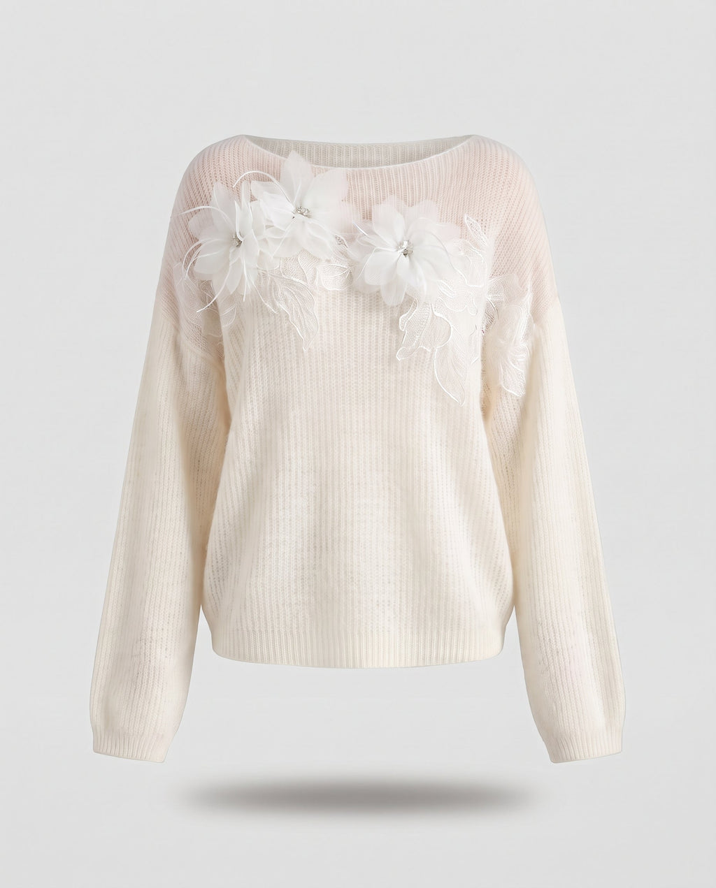 Women's Delicate Mohair-Mix Crew Neck Sweater with Applied Organza Flowers Fashion Glam