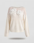 Women's Delicate Mohair-Mix Crew Neck Sweater with Applied Organza Flowers Fashion Glam
