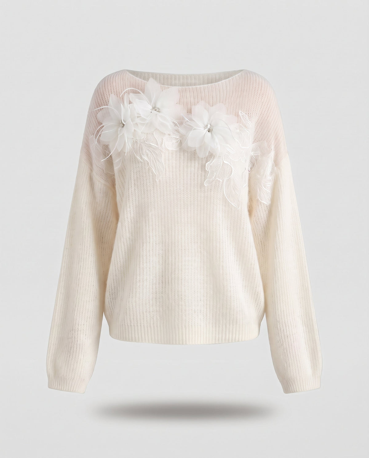 Women's Delicate Mohair-Mix Crew Neck Sweater with Applied Organza Flowers Fashion Glam