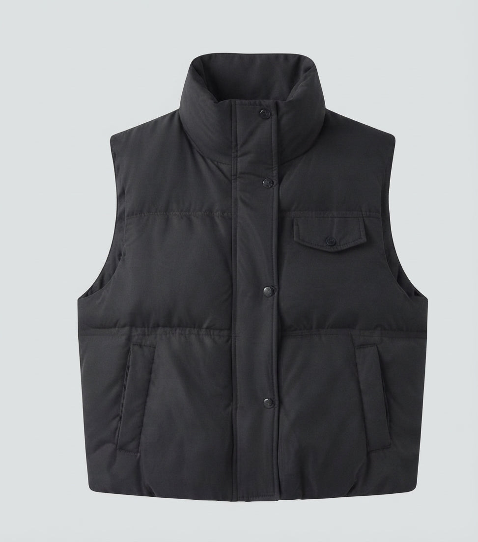 Women’s short padded quilted vest with high collar and concealed zipper placket