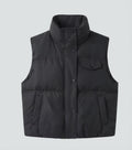 Women’s short padded quilted vest with high collar and concealed zipper placket