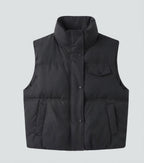Women’s short padded quilted vest with high collar and concealed zipper placket