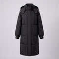 Women's nan extra long straight quilted coat with noise-reducing outer shell, elastic cuffs, and deep sideseam pockets