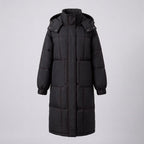 Women's nan extra long straight quilted coat with noise-reducing outer shell, elastic cuffs, and deep sideseam pockets