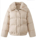 Women’s short boxy quilted jacket with detachable faux fur trim, high collar, and concealed snap button and zipper