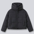 Women's nan boxy short quilted jacket with extra high hood trim and soft cuffs