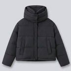 Women's nan boxy short quilted jacket with extra high hood trim and soft cuffs