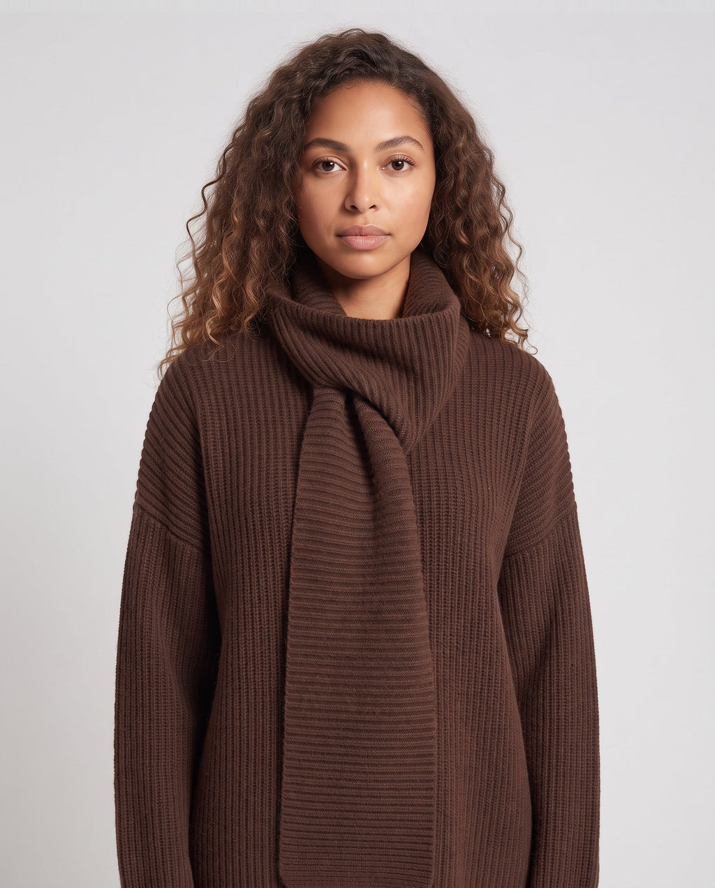 Women's Oversized Ribbed Sweater with Integrated Tube Scarf Fashion Glam