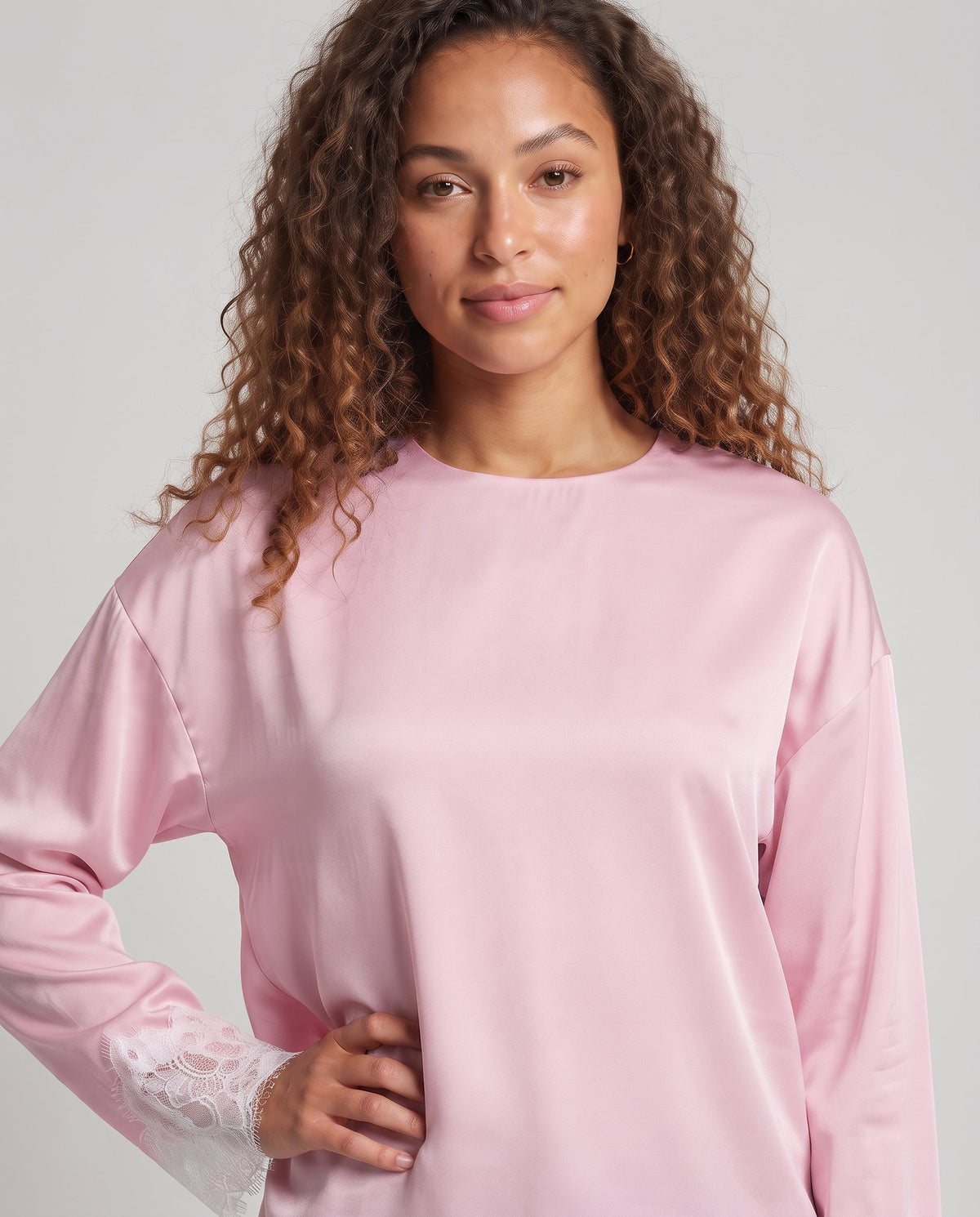 Women Long Sleeve Blouse with Round Neck and Delicate Lace Trim Fashion Glam