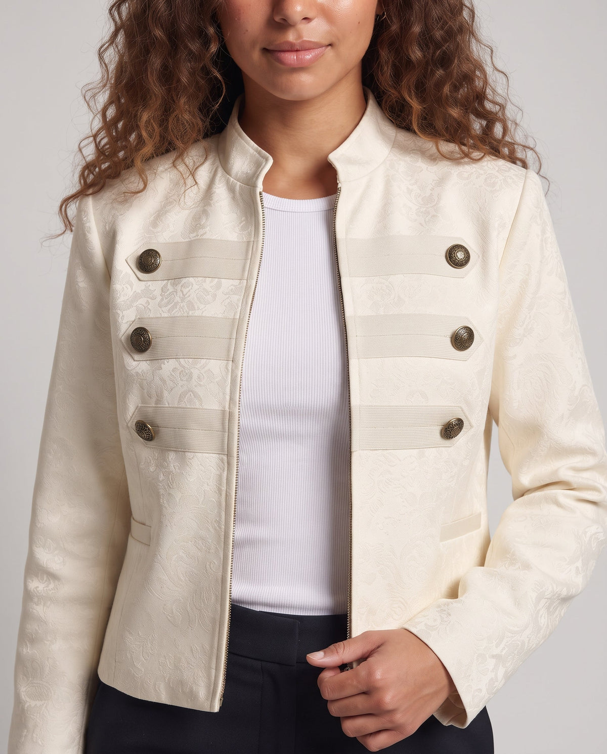 Women's Cropped Military Jacket made of Brocade with Stand-up Collar, Decorative Straps and Decorative Buttons Fashion Glam