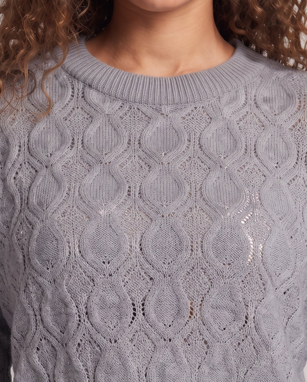 Women Lightweight Fine Knitted Sweater with Openwork Pattern and Round Neckline Fashion Glam