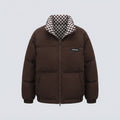 Women's short thermal puffer jacket with checked reversible lining and high stand-up collar